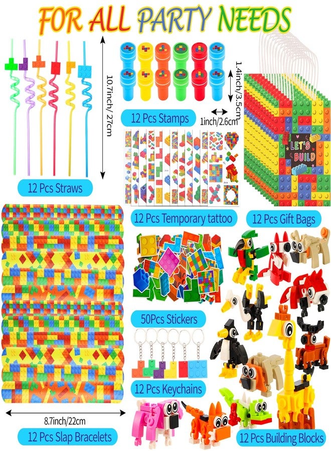 LiYiQ 134 Pcs Building Blocks Party Favors with Reusable Drinking Straws Animal Building Blocks Slap Bracelets Keychains Stamps Stickers and Gift Bags Gamer Birthday Party Supplies (Building) - Image 2